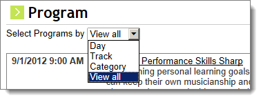Track and Category entries allow registrants to view and collapse (hide) those groupings in the Event Program Display.
