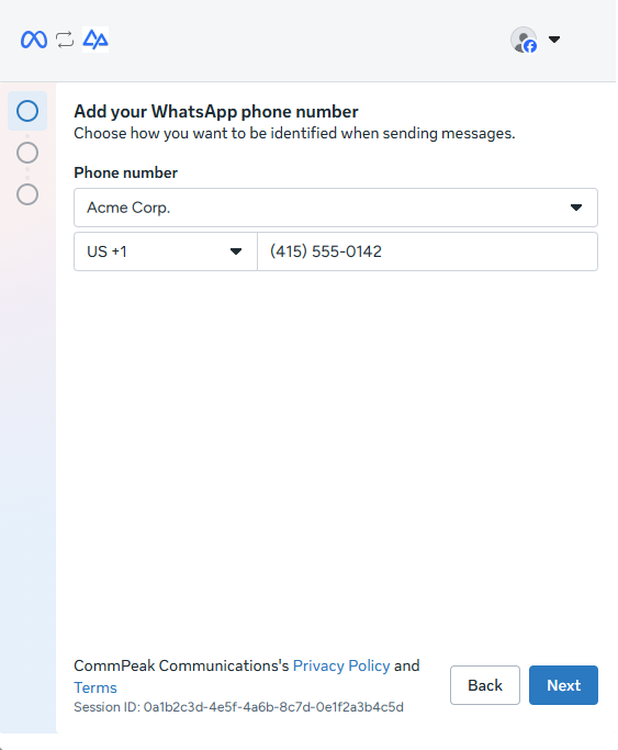 Add your WhatsApp phone number step, with a display name, a country code, and a phone number