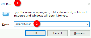 Windows Run dialog with adsiedit.msc entered in the Open field.
