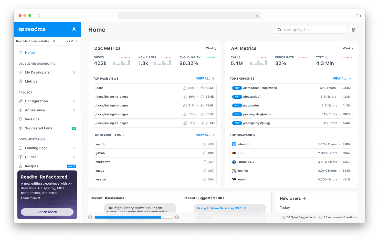 The ReadMe Refactored banner in the dashboard showing key features