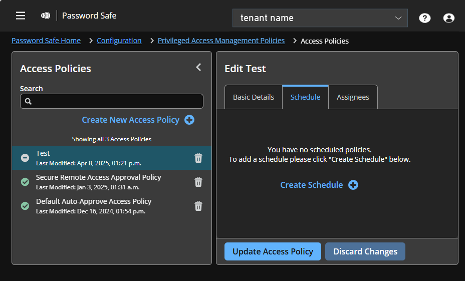 Access Policies page