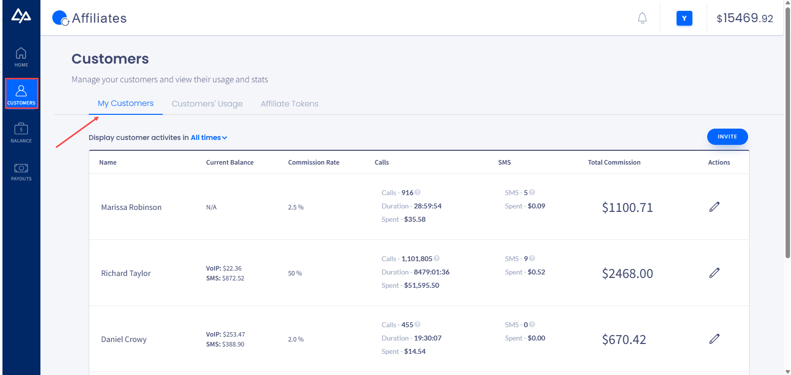 Screenshot of the My Customers tab