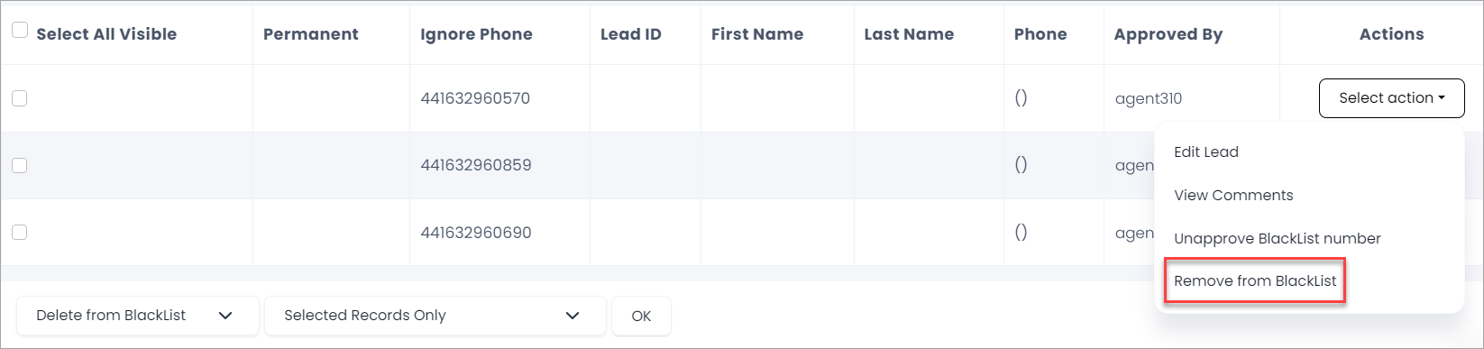 Screenshot of removing leads from blacklist action