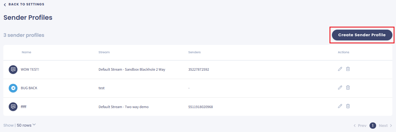 Screenshot of the of the sender profiles table with the Create Sender Profile button