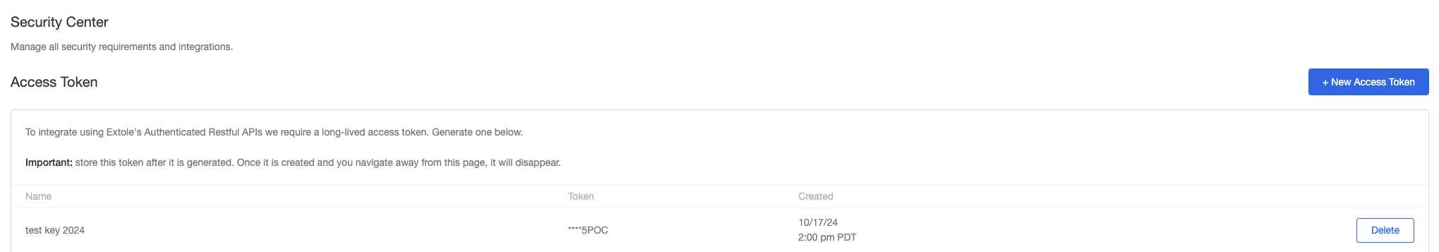 Click + New Access Token in the Extole Security Center
