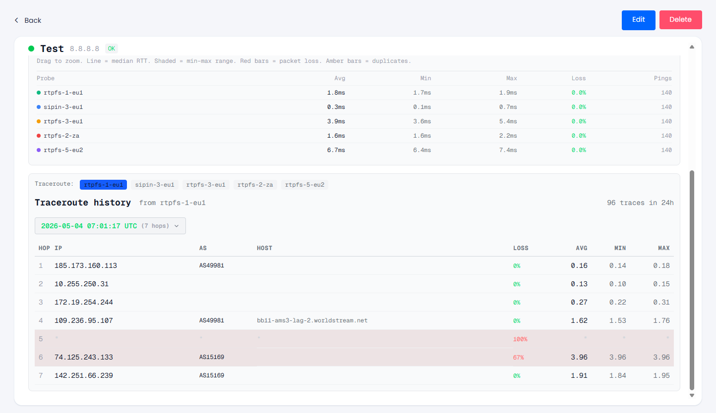 Screenshot of the traceroute history section
