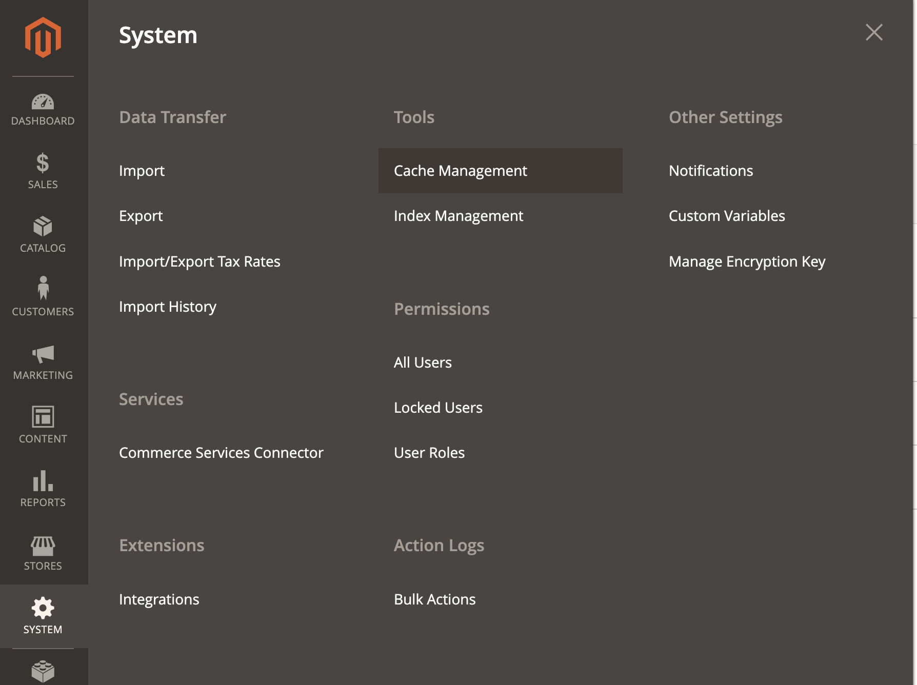 Cache management menu