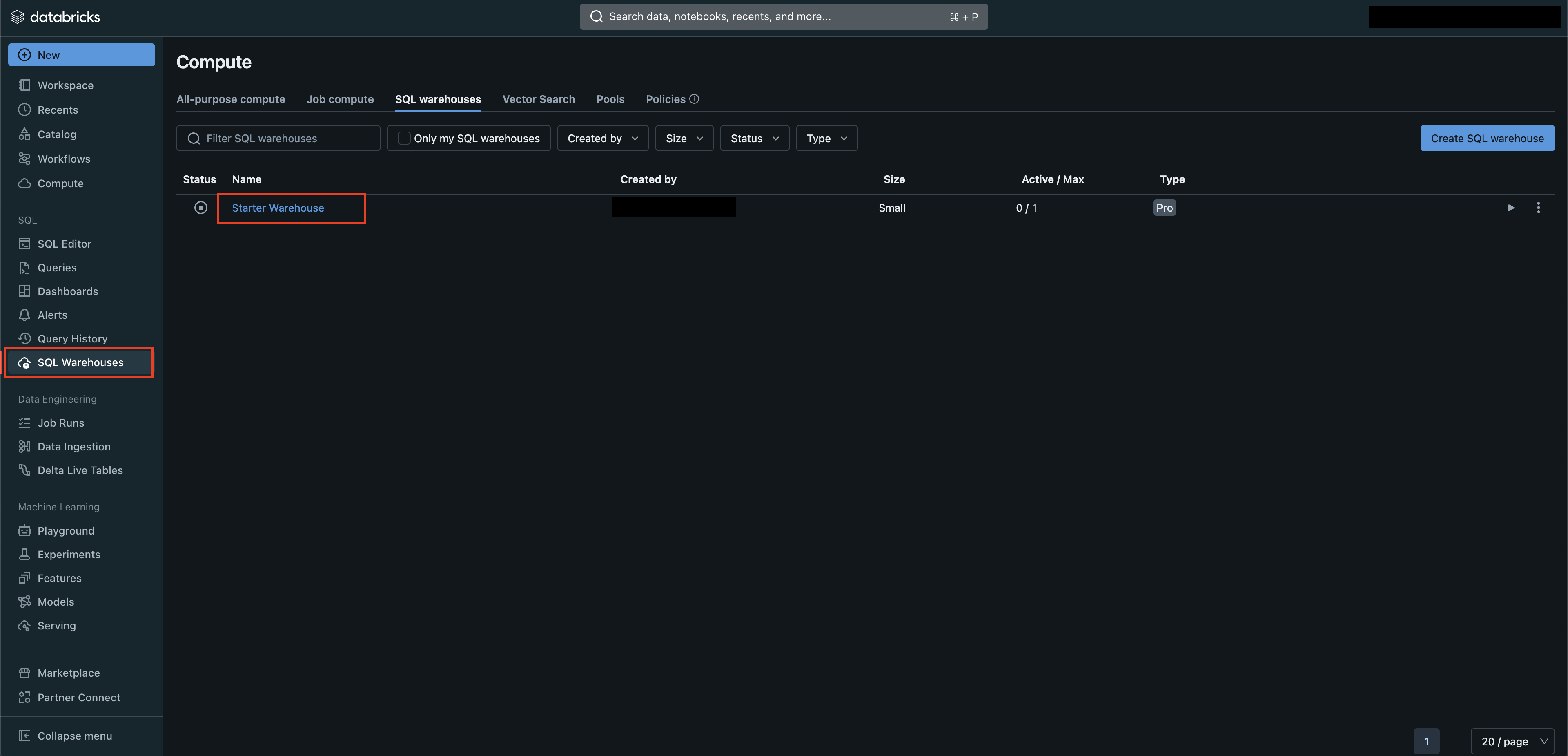 Navigating to the SQL Warehouse menu in Databricks