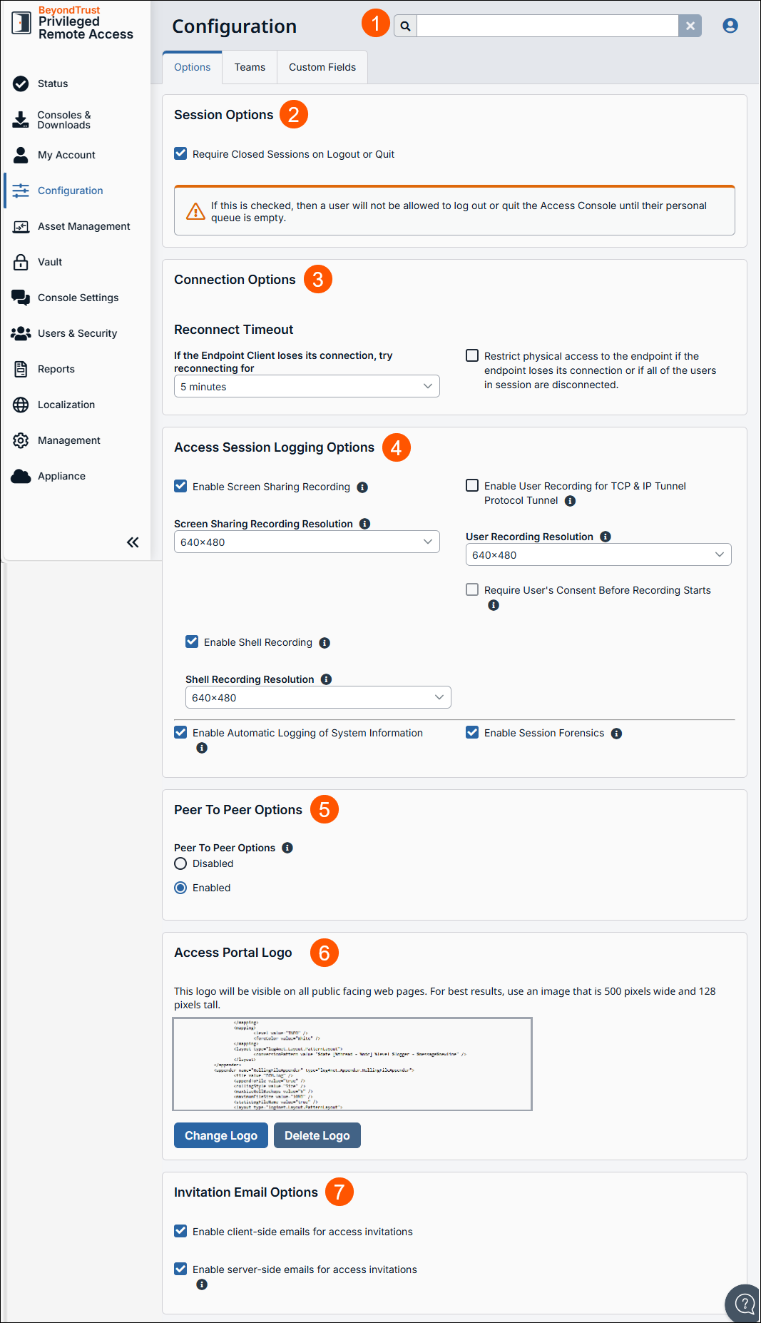 An image of the "Configuration" section in the BeyondTrust Privileged Remote Access interface, under the "Options" tab. It includes settings for session behavior, connection timeouts, access session logging (such as screen sharing and shell recording), peer-to-peer server usage, access portal logo customization, and invitation email preferences. Various checkboxes, dropdowns, and radio buttons are used to configure these options.