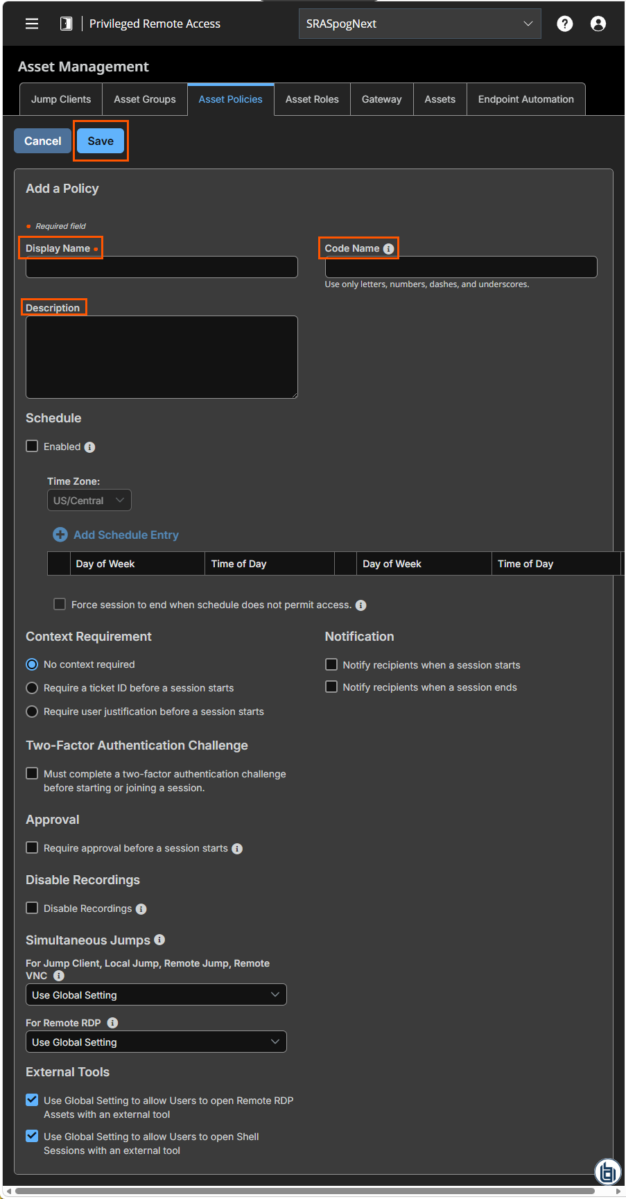 An image of the Asset Policies Add a policy page.