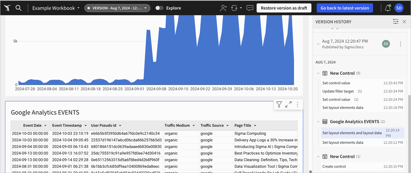 Workbook version history with a specific change in the edit history selected and highlighted in the version history. The change on which the element occurred is highlighted on the workbook canvas.