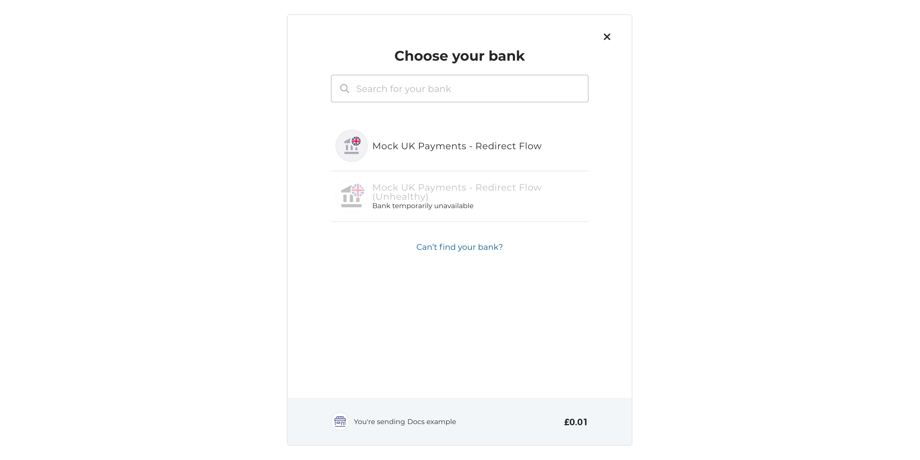 How the sandbox available bank and unavailable bank display in the hosted payment page.