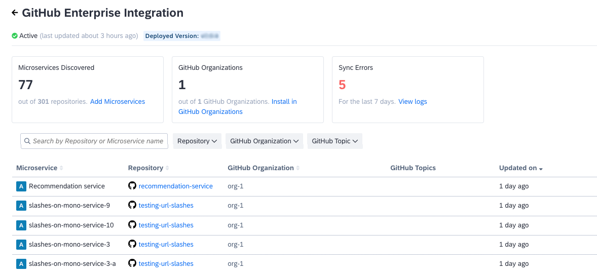 GitHub Enterprise Integration Page Showing Discovered Microservices