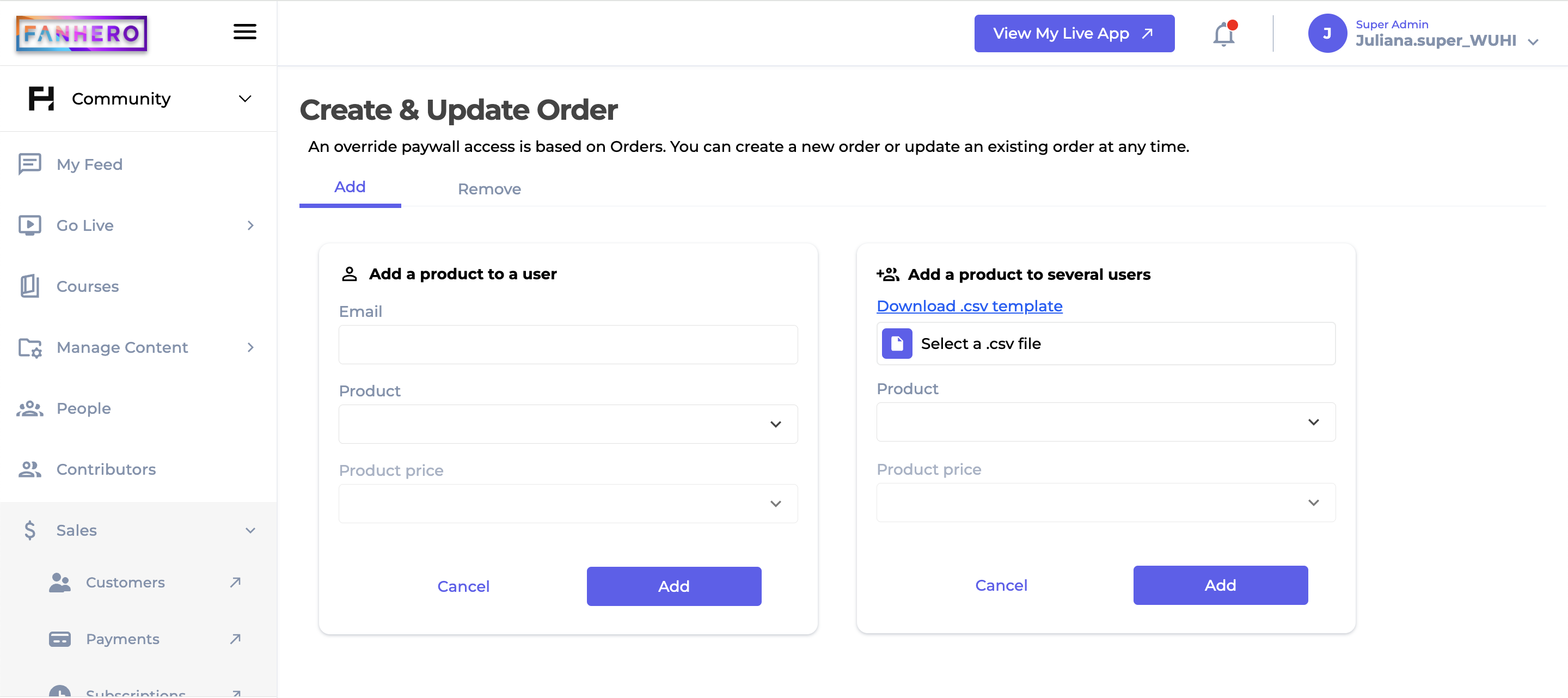 Add Override Order Screen