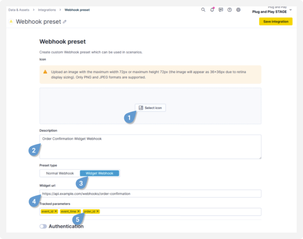 Webhook preset wizard showing Widget Webhook preset type and widget URL field.