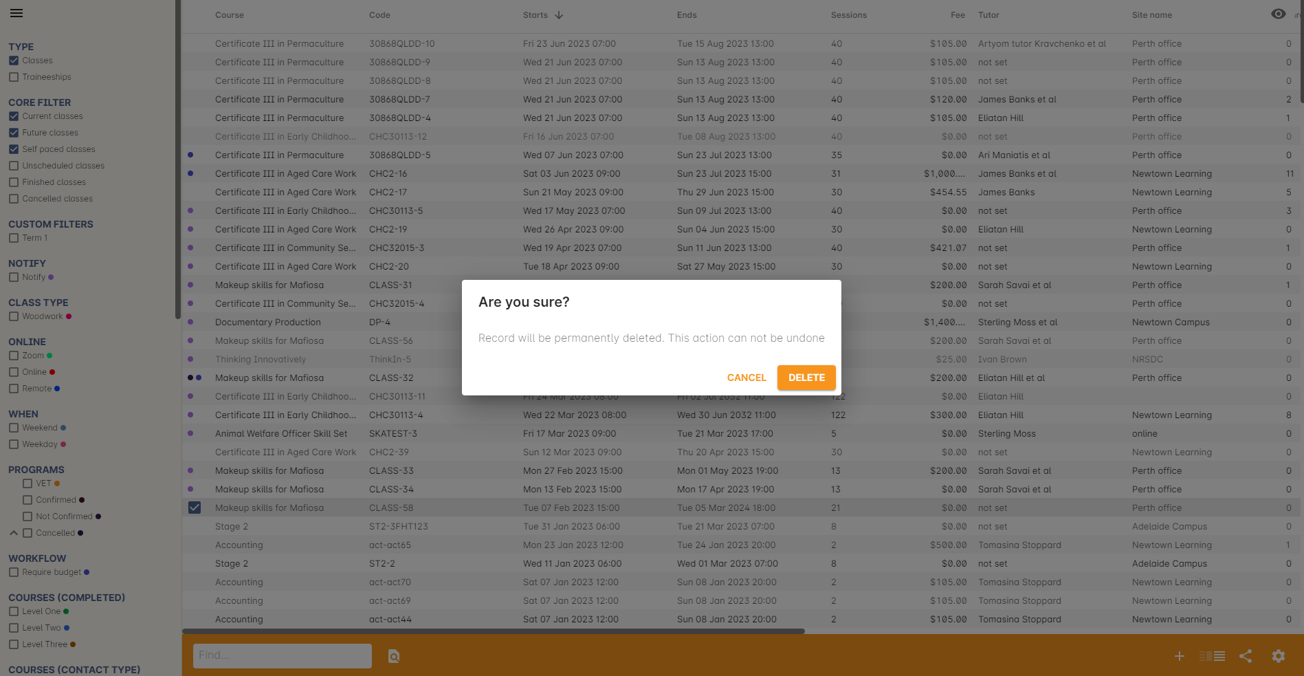 Figure 21. Trying to remove a class with no enrolments