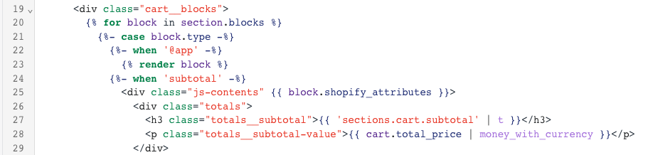 Code which renders cart subtotals and totals for the "Dawn" theme