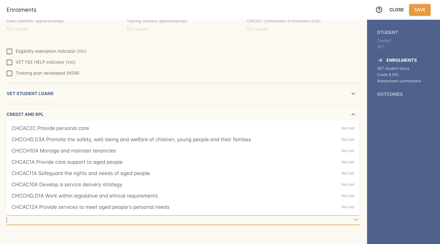 Figure 468. Outcome search results show only the outcomes for the selected enrolment. Shows outcome code, name and current status.