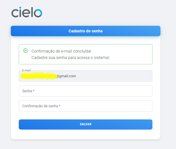 Tela para criação de uma senha de acesso para seu painel admin da Cielo