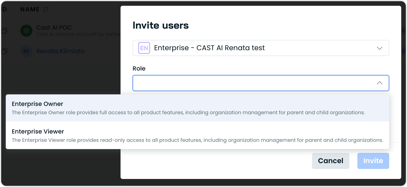 Enterprise role selection showing Enterprise Owner and Enterprise Viewer options