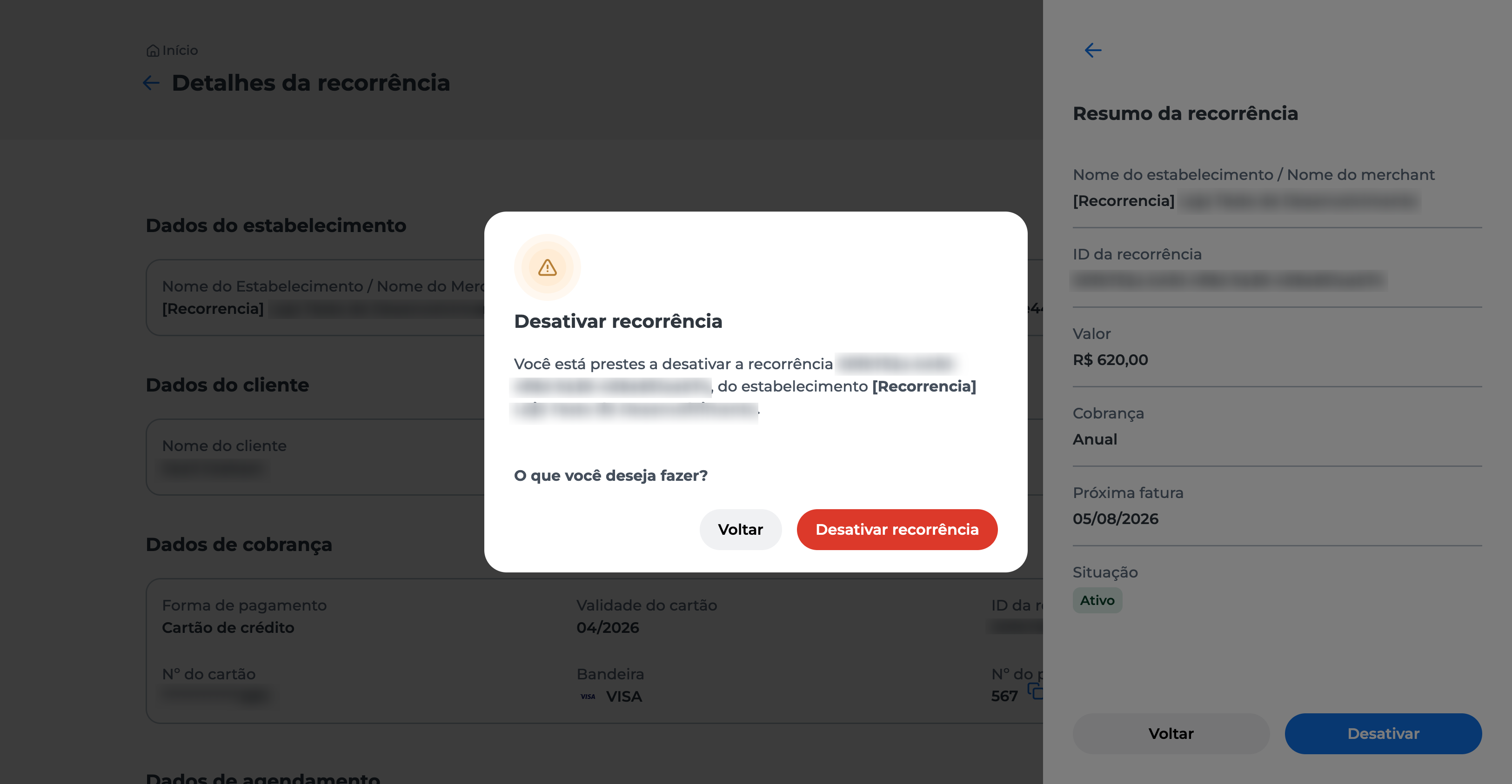 Tela de confirmação no Portal E-commerce da Cielo, com mensagem sobre a desativação da recorrência e botão "Desativar recorrência" em destaque.