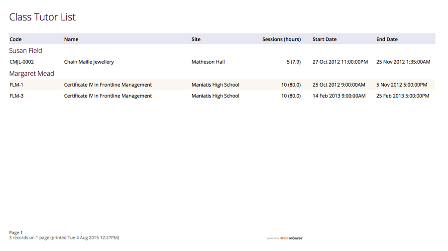 Figure 309. Class Tutor List Report