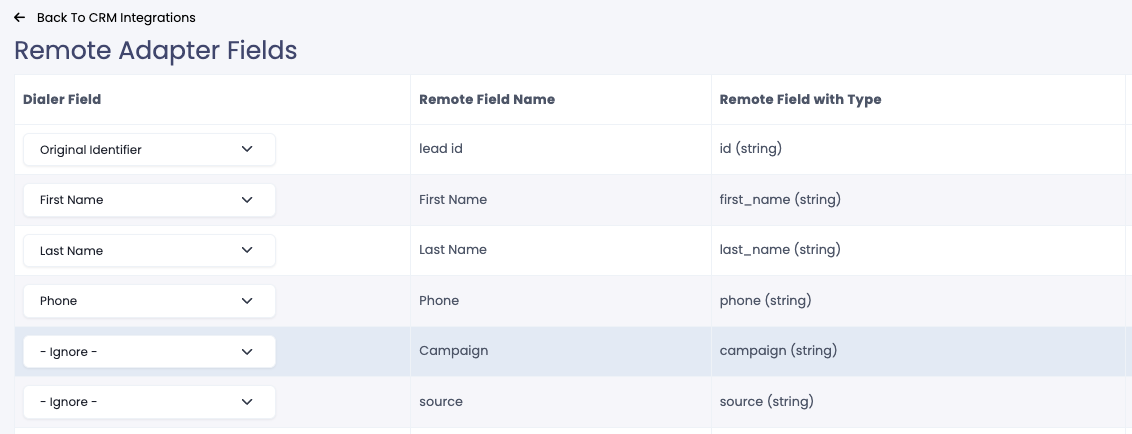 Screenshot of the Remote Adapter Fields section