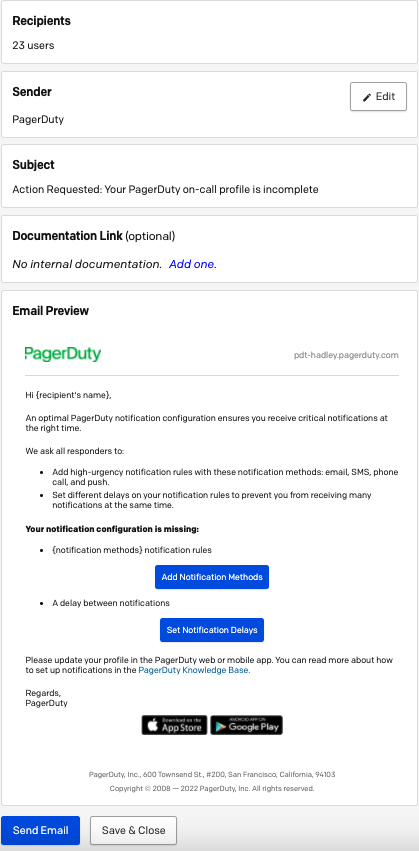 A screenshot of the PagerDuty UI detailing a preview of the on-call readiness email