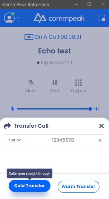 Screenshot of the transfer call options