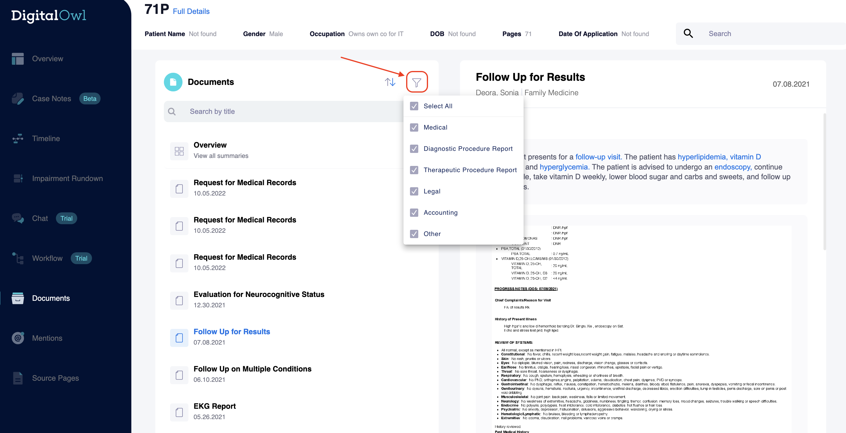 Use the filter to narrow down documents by type