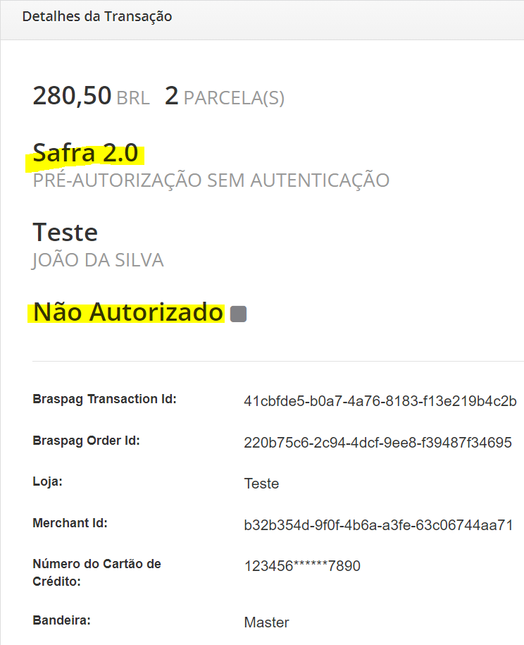 Exemplo de uma transação com erro