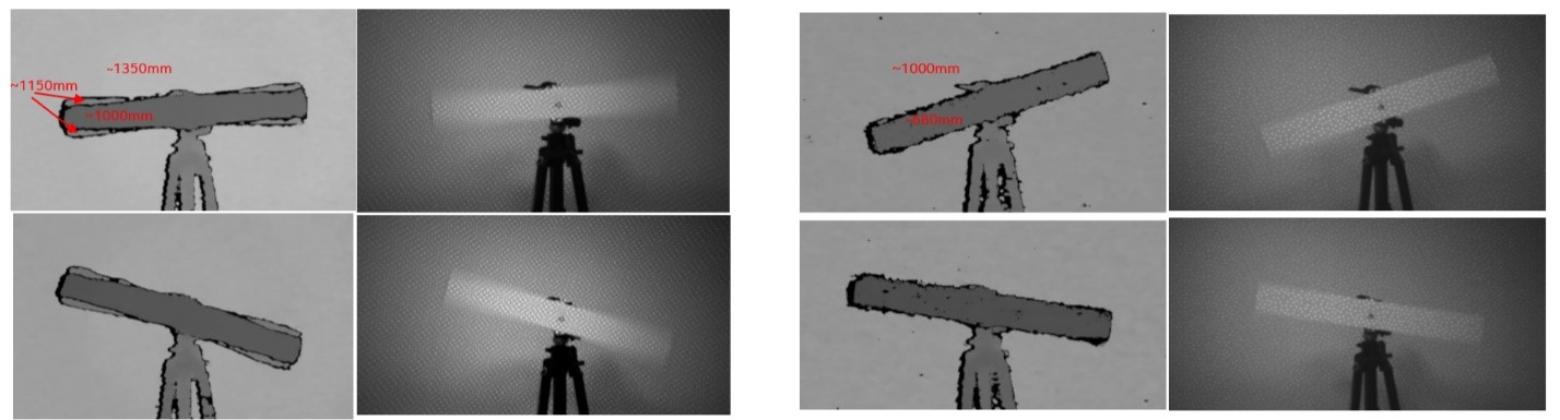 Fig. 6. Sequential frames of depth (left) and monochrome images (right) of a rotating blade with a stationary camera and emitter enabled for D415 and D435. Motion blur and depth artifact (evident as false depth values near blade edges) 
are clearly visible for D415 and absent for D435.  Cameras are running at 30fps, 1280x720.