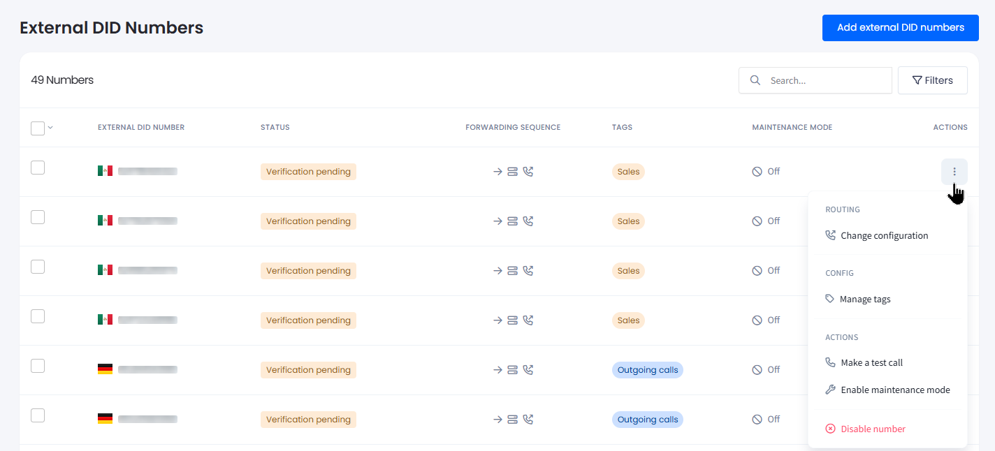 Screenshot of the three-dot Actions menu open on an external DID number row