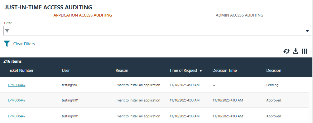 Just-in-time auditing with app access and admin access results