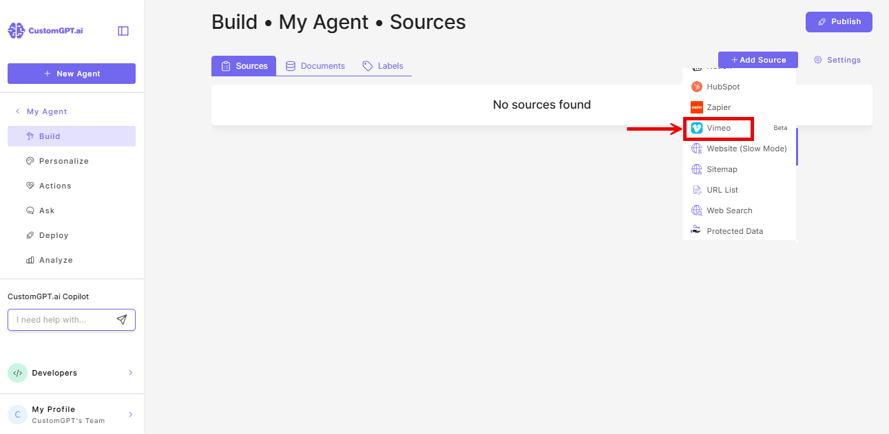 Vimeo option in the Sources dropdown menu