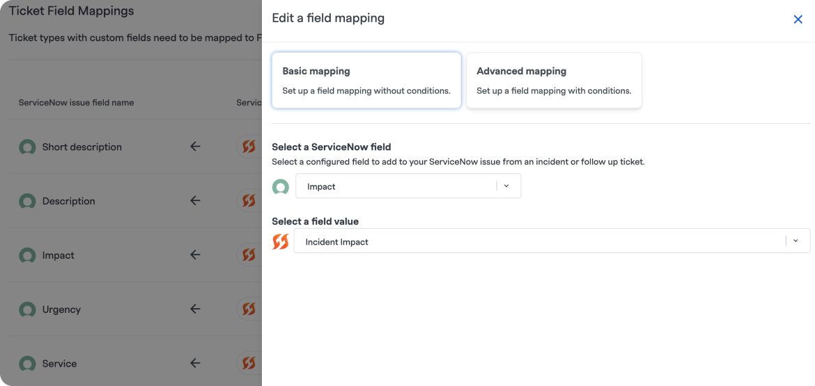 Example of an ServiceNow impact and urgency matrix set up in FireHydrant