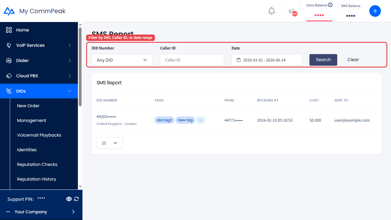The SMS Report with the filter bar highlighted