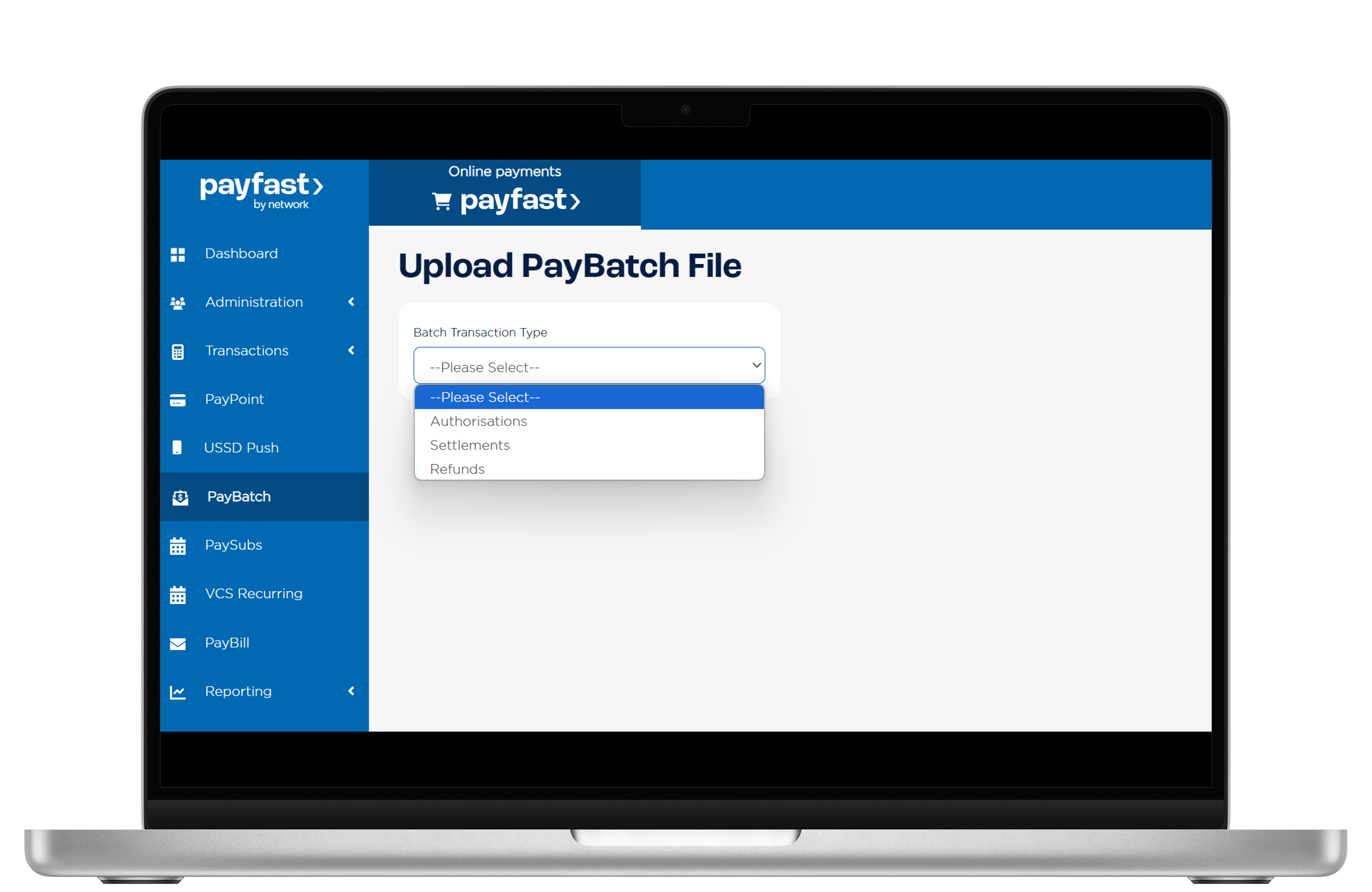 The screenshot displays the options available to a user when they click the new file upload button, with options available under the transaction type dropdown.