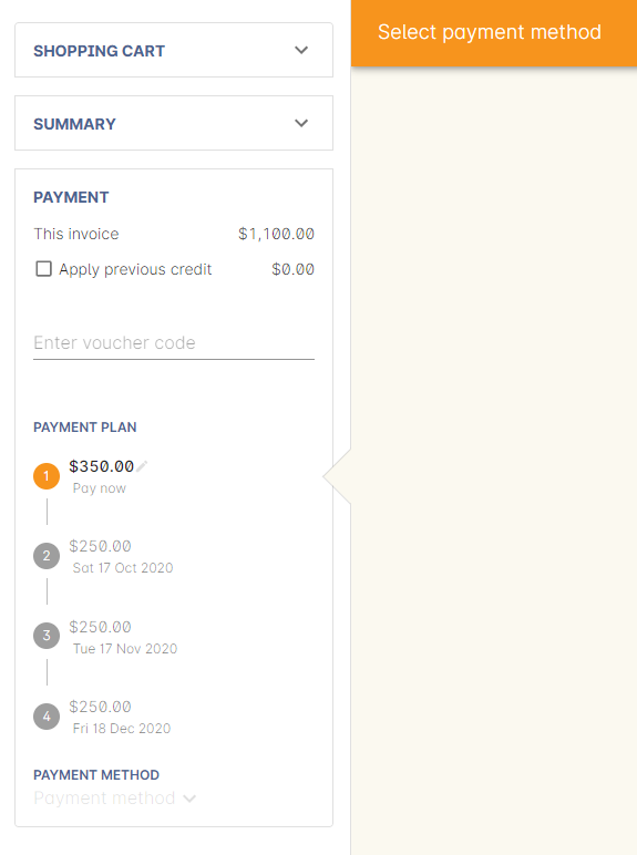 Payment plan invoices in Checkout for a class that starts on 16th September 2020