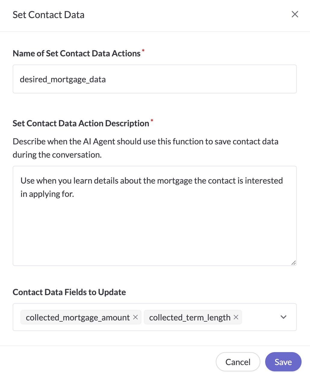 Configure a Set Contact Data action to instruct your agent on what to collect and when to collect it.