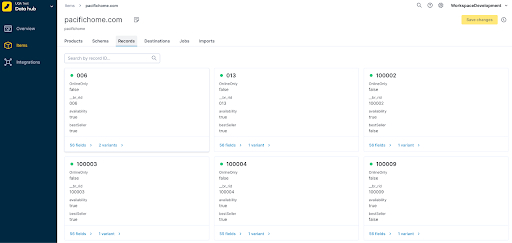 The Jobs tab in Bloomreach Data hub, displaying a list of jobs with job IDs, types, statuses, and detailed processing information.