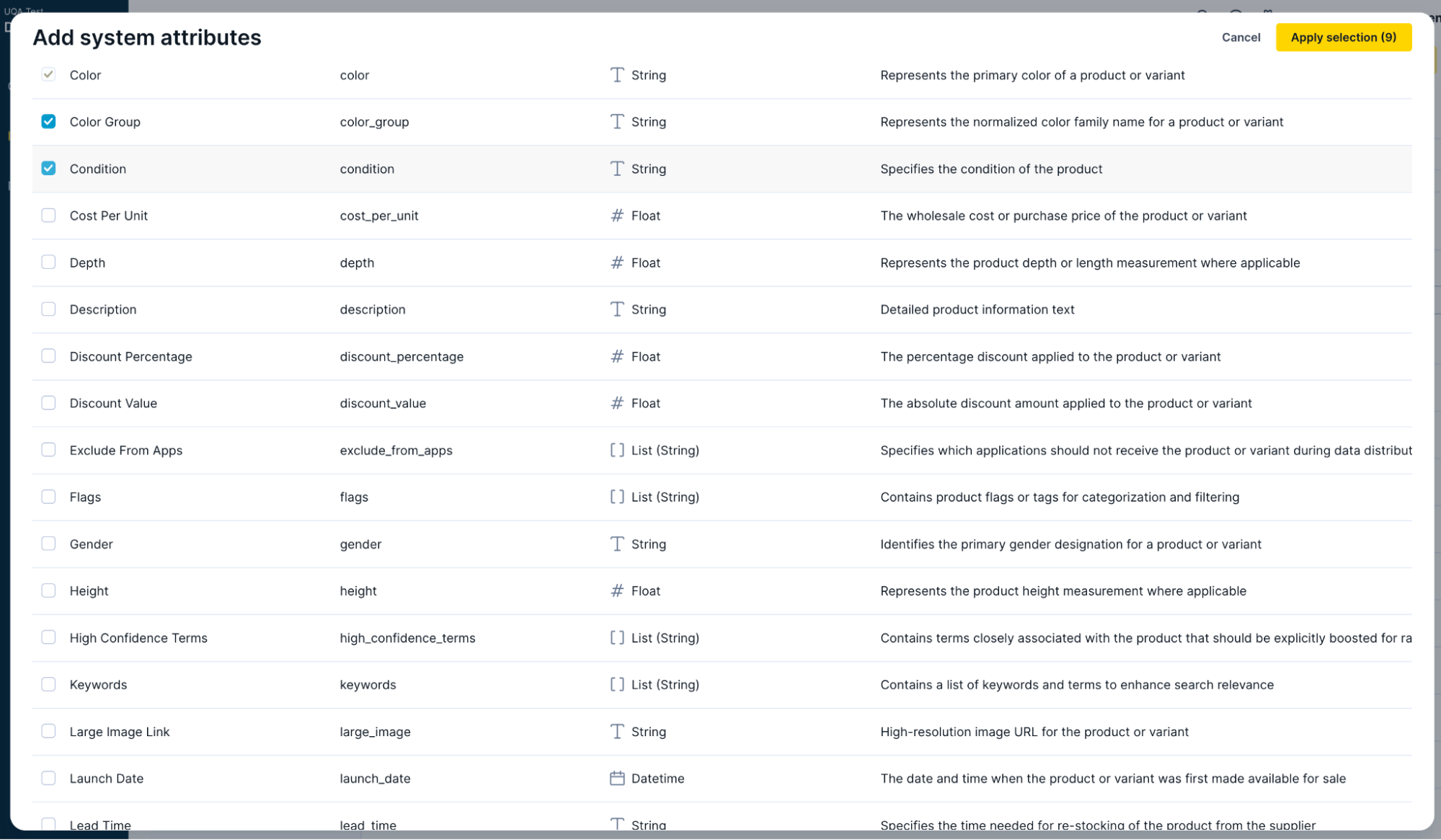 The Add system attributes dialog in Bloomreach Data hub, listing available system attributes such as color, price, and launch date.