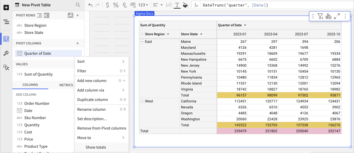 Pivot table showing the sales quantities for store regions and states, with columns for each quarter. Subtotals appear for the West and East regions, and a Total row is shown.