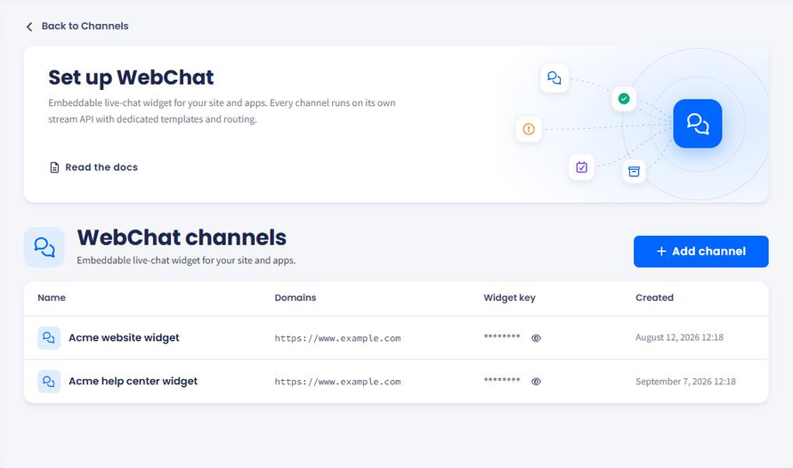 Screenshot of the WebChat channels page listing two widgets with their domains and widget keys