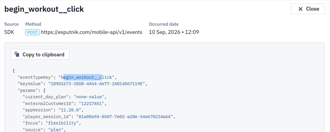 Event parameters dialog showing the JSON payload with orderId, contactId, EmailAddress, and SMS parameters