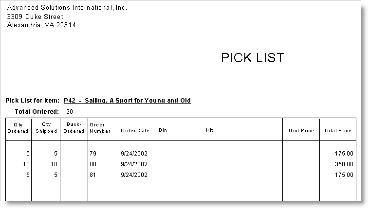 Example of a Pick List for item P42 - Multi-Warehouses disabled Example of a Pick List for item P42 - Multi-Warehouses disabled