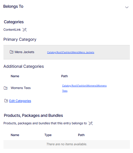 Screenshot of the Belongs To section of a product entry showing Primary Category, Additional Categories, and Products, Packages, and Bundles fields.