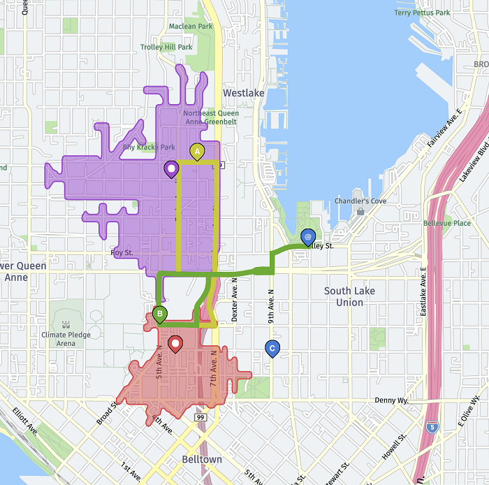 Solution for exclusive territories with car_1 (yellow tour) and car_2 (green tour)