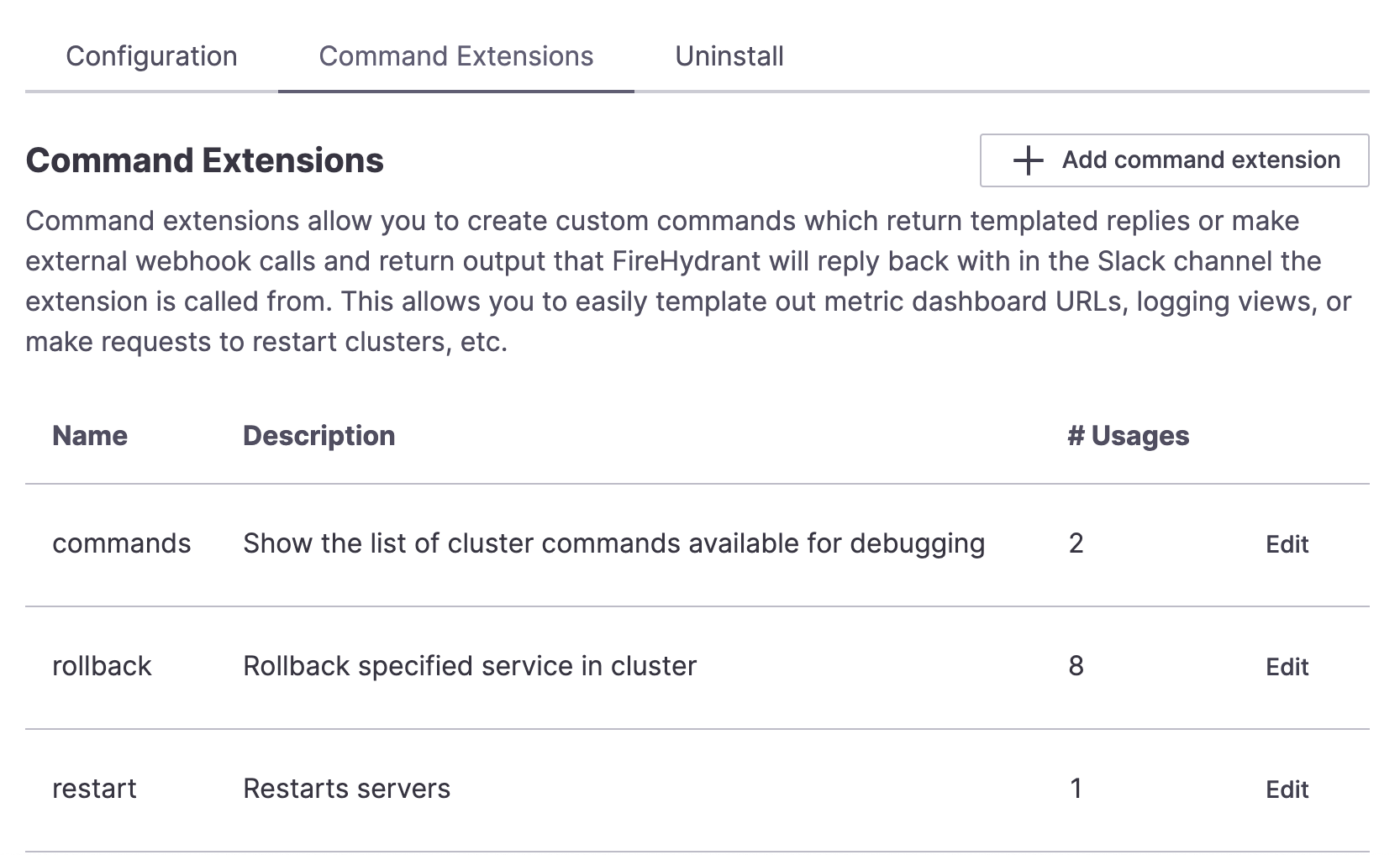 Command Extensions under Slack integration settings