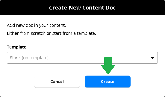 Image of the Create New Content Doc module depicting where to select Create.